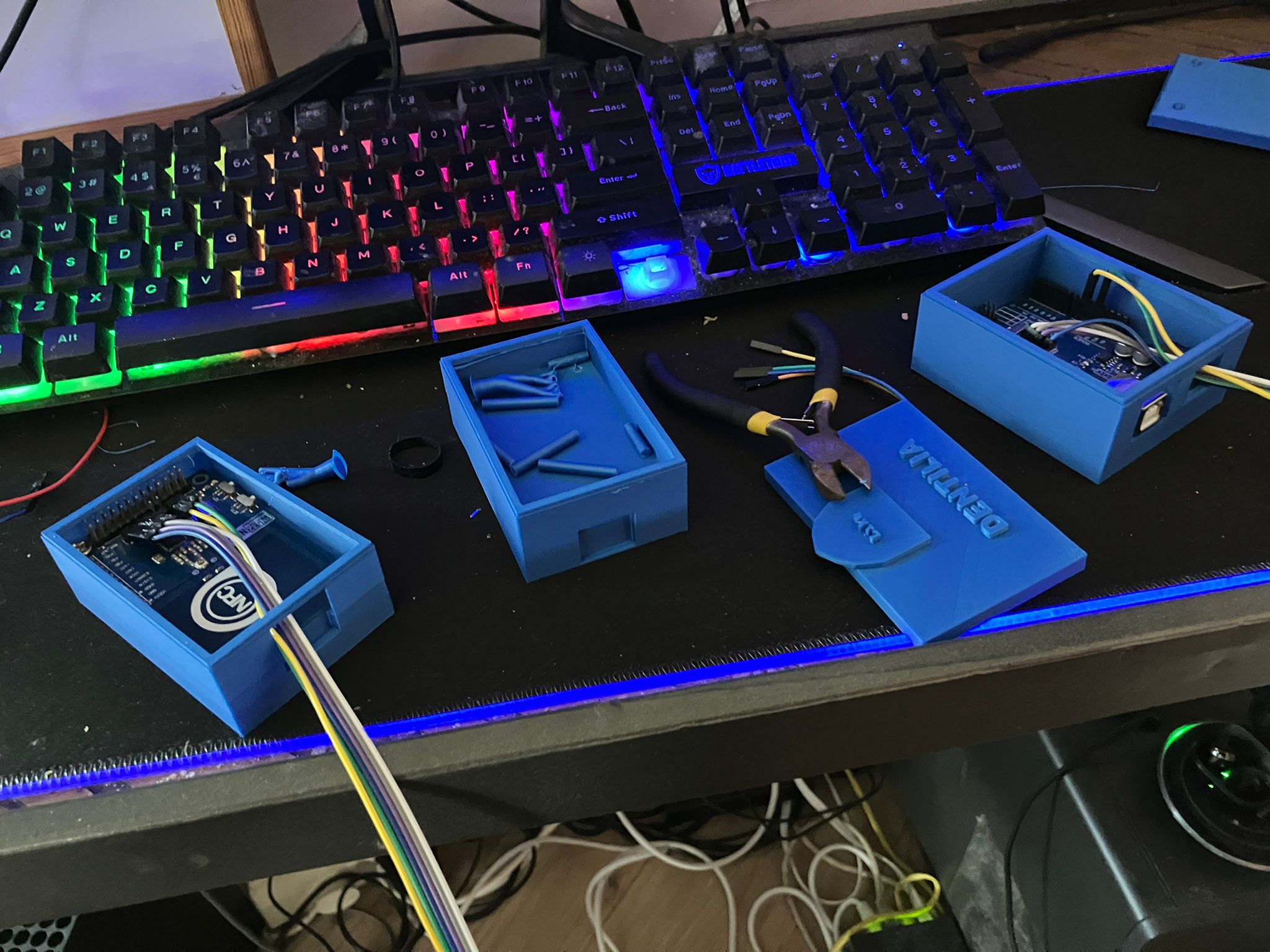 Inside the custom blue housing with electronics